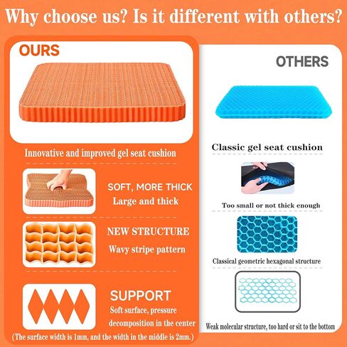 Innovative Gel Seat Cushion for Long Sitting, Large and Thick, Seat Cushion for Back, Sciatica, Tailbone, Hip Pain Relief, Used for Office, Wheelchair, Car, Recliner, Truck, Stadium, Trip.(Orange) in Saudi Arabia