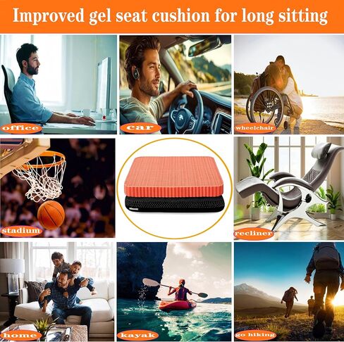 Innovative Gel Seat Cushion for Long Sitting, Large and Thick, Seat Cushion for Back, Sciatica, Tailbone, Hip Pain Relief, Used for Office, Wheelchair, Car, Recliner, Truck, Stadium, Trip.(Orange) in Saudi Arabia