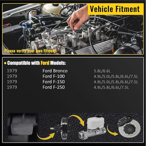 Vacuum Power Brake Booster Compatible with Ford F100 F150 F250 Bronco 1979 4.9L/5.0L/5.8L/6.6L/7.5L D9TZ2005C 54-73717 in Saudi Arabia