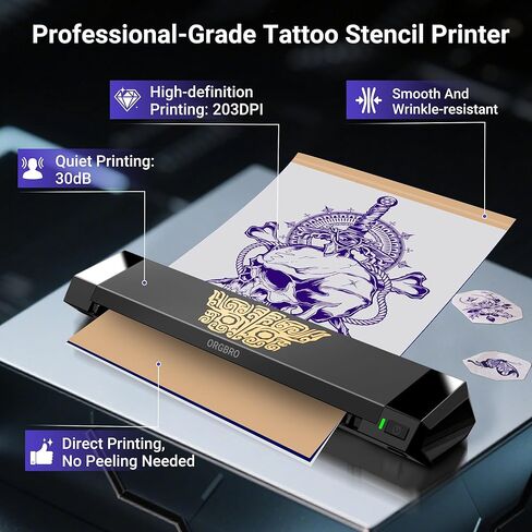 طابعة ORGBRO Tattoo Stencil، طابعة نقل الوشم الحراري X8 مع 30 قطعة من ورق النقل، A4/A5/A6 آلة وشم لاسلكية 3 في 1 لفناني الوشم والمبتدئين، متوافقة مع الهاتف/الكمبيوتر اللوحي/الكمبيوتر الشخصي in Kuwait