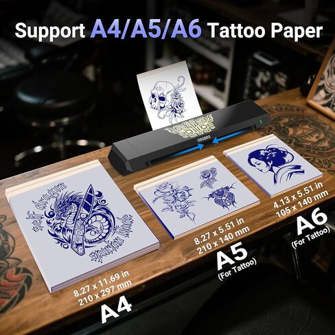 طابعة ORGBRO Tattoo Stencil، طابعة نقل الوشم الحراري X8 مع 30 قطعة من ورق النقل، A4/A5/A6 آلة وشم لاسلكية 3 في 1 لفناني الوشم والمبتدئين، متوافقة مع الهاتف/الكمبيوتر اللوحي/الكمبيوتر الشخصي in Kuwait
