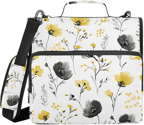 Print Black and Yellow Flowers Zipper Binder Bag 3 Ring Binder with Shoulder Strap Zip Up 500 Sheets Capacity Multi Pockets for School Office Supplies in Saudi Arabia