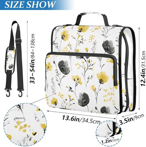 Print Black and Yellow Flowers Zipper Binder Bag 3 Ring Binder with Shoulder Strap Zip Up 500 Sheets Capacity Multi Pockets for School Office Supplies in Saudi Arabia