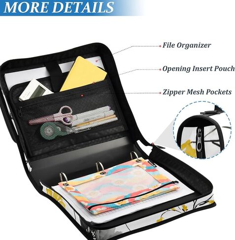 Print Black and Yellow Flowers Zipper Binder Bag 3 Ring Binder with Shoulder Strap Zip Up 500 Sheets Capacity Multi Pockets for School Office Supplies in Saudi Arabia