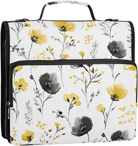 Print Black and Yellow Flowers Zipper Binder Bag 3 Ring Binder with Shoulder Strap Zip Up 500 Sheets Capacity Multi Pockets for School Office Supplies in Saudi Arabia