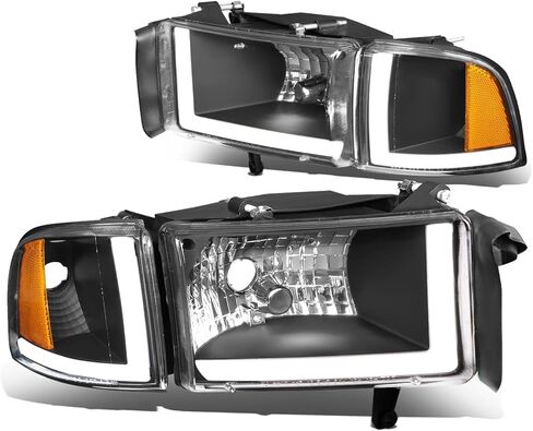 Auto Dynasty 4Pcs Dual LED DRL Headlights Assembly and Signal Lamps Compatible with Dodge Ram 1500 2500 3500 (Non-Sport Model) 94-02, Driver and Passenger Side, Black Housing Clear Corner in Saudi Arabia