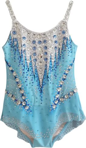 Girls Rhythmic Gymnastics Leotards Lightblue Sleeveless Dance Leotard for Girls Sparkly Practice and Performance Wear in Saudi Arabia
