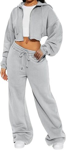 Two Piece Tracksuit Set for Women Cropped Pullover Zip Up Hoodie Drawstring Wide Leg Sweatpants Casual Trendy Sweatsuit Sets in Saudi Arabia