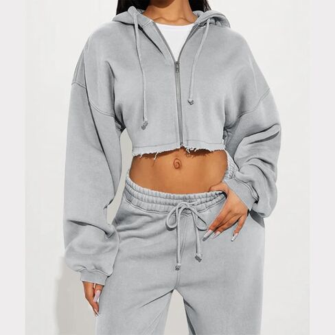 Two Piece Tracksuit Set for Women Cropped Pullover Zip Up Hoodie Drawstring Wide Leg Sweatpants Casual Trendy Sweatsuit Sets in Saudi Arabia