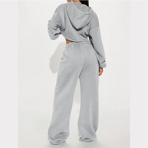 Two Piece Tracksuit Set for Women Cropped Pullover Zip Up Hoodie Drawstring Wide Leg Sweatpants Casual Trendy Sweatsuit Sets in Saudi Arabia