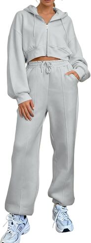 Two Piece Tracksuit Set for Women Cropped Pullover Zip Up Hoodie Drawstring Wide Leg Sweatpants Casual Trendy Sweatsuit Sets in Saudi Arabia
