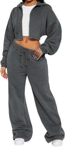Two Piece Tracksuit Set for Women Cropped Pullover Zip Up Hoodie Drawstring Wide Leg Sweatpants Casual Trendy Sweatsuit Sets in Saudi Arabia
