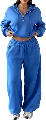 Two Piece Tracksuit Set for Women Cropped Pullover Zip Up Hoodie Drawstring Wide Leg Sweatpants Casual Trendy Sweatsuit Sets in Saudi Arabia