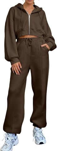 Two Piece Tracksuit Set for Women Cropped Pullover Zip Up Hoodie Drawstring Wide Leg Sweatpants Casual Trendy Sweatsuit Sets in Saudi Arabia