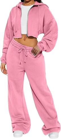 Two Piece Tracksuit Set for Women Cropped Pullover Zip Up Hoodie Drawstring Wide Leg Sweatpants Casual Trendy Sweatsuit Sets in Saudi Arabia