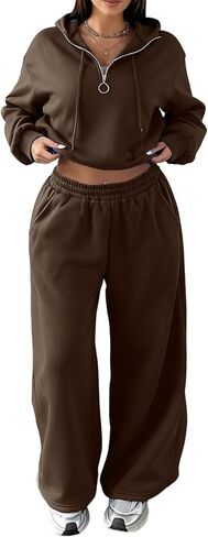 Two Piece Tracksuit Set for Women Cropped Pullover Zip Up Hoodie Drawstring Wide Leg Sweatpants Casual Trendy Sweatsuit Sets in Saudi Arabia