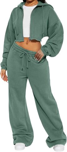 Two Piece Tracksuit Set for Women Cropped Pullover Zip Up Hoodie Drawstring Wide Leg Sweatpants Casual Trendy Sweatsuit Sets in Saudi Arabia