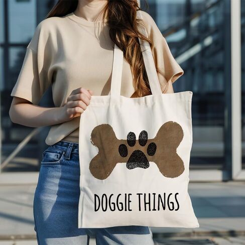 Dog Lover Tote Bag, Doggie Things Bone and Paw Print Canvas Handbag, Cute Pet Lover Reusable Shopping Bag for Grocery Beach Work, Gift for Dog Owners in Saudi Arabia