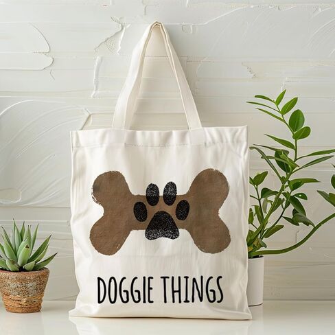 Dog Lover Tote Bag, Doggie Things Bone and Paw Print Canvas Handbag, Cute Pet Lover Reusable Shopping Bag for Grocery Beach Work, Gift for Dog Owners in Saudi Arabia