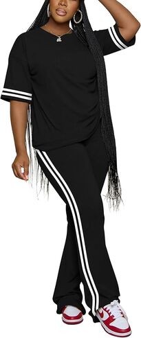 Women's 2 Piece Outfits Crewneck Short Sleeve Tops and Flare Pants Lounge Sets Tracksuit in Kuwait