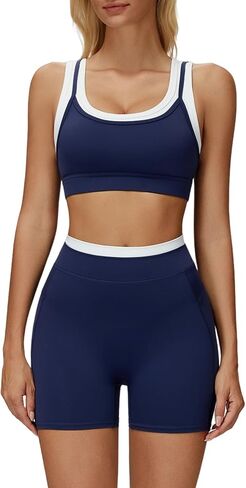 Women 2 Piece Workout Sets Padded Color Block Sports Bras High Waist Tummy Control Shorts Yoga Outfits in Kuwait