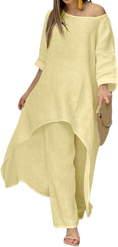 Womens Linen 2 Piece Outfits Irregular Hem Top Oversized One Shoulder Shirt Wide Leg Pants Fall Casual Suit in Saudi Arabia
