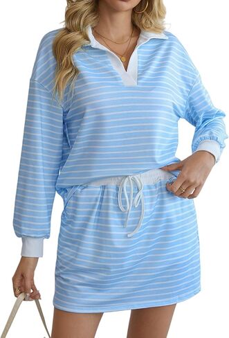 أطقم ملابس نسائية مكونة من قطعتين سويت شيرت مخطط وأكمام طويلة طقم صالة رياضي متناسق مع جيوب 2025 in Kuwait