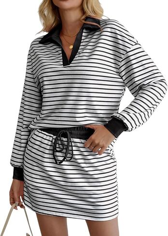 Womens 2 Piece Outfits Striped Sweatshirt Skirt Sets Long Sleeve Skort Workout Athletic Matching Lounge Set with Pockets 2025 in Saudi Arabia