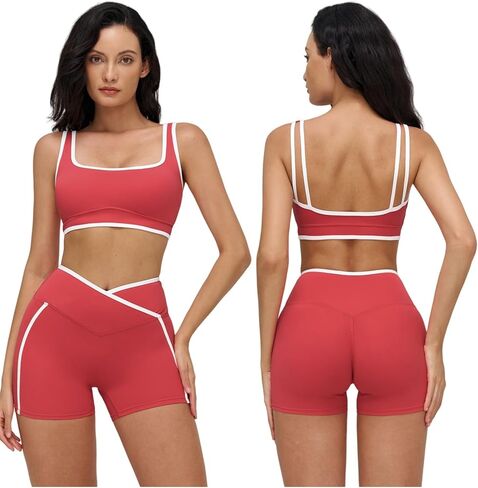 Women 2 Piece Workout Sets Backless Color Block Sports Bra High Waist Tummy Control Active Shorts Yoga Pilates Outfits in Saudi Arabia