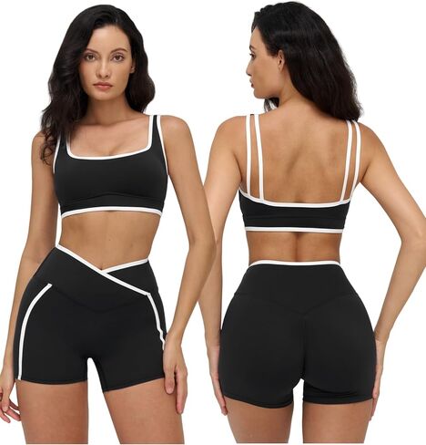 Women 2 Piece Workout Sets Backless Color Block Sports Bra High Waist Tummy Control Active Shorts Yoga Pilates Outfits in Kuwait