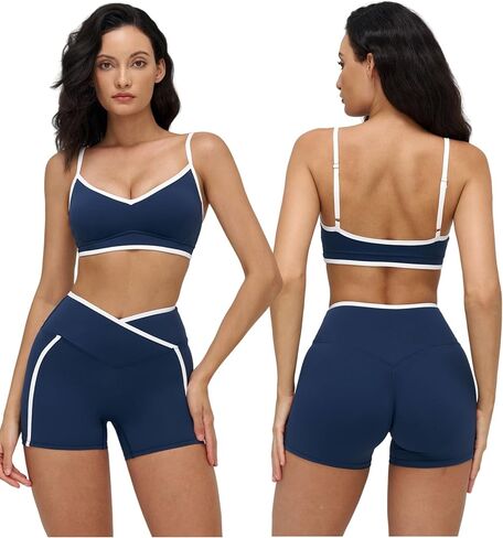 Women 2 Piece Workout Sets Backless Color Block Sports Bra High Waist Tummy Control Active Shorts Yoga Pilates Outfits in Saudi Arabia