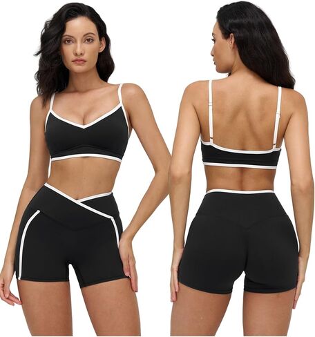 Women 2 Piece Workout Sets Backless Color Block Sports Bra High Waist Tummy Control Active Shorts Yoga Pilates Outfits in Saudi Arabia
