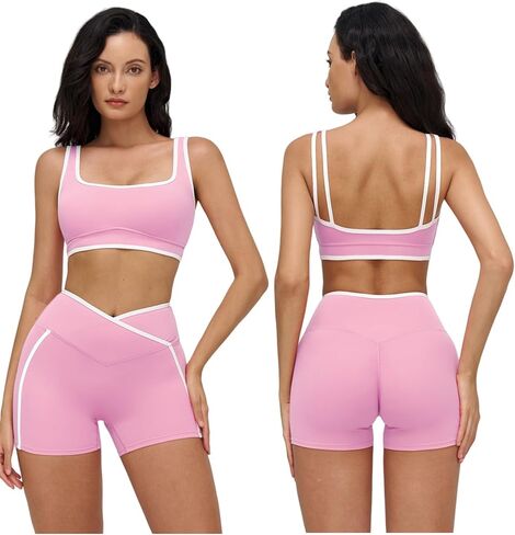 Women 2 Piece Workout Sets Backless Color Block Sports Bra High Waist Tummy Control Active Shorts Yoga Pilates Outfits in Saudi Arabia