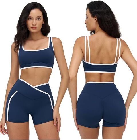 Women 2 Piece Workout Sets Backless Color Block Sports Bra High Waist Tummy Control Active Shorts Yoga Pilates Outfits in Saudi Arabia