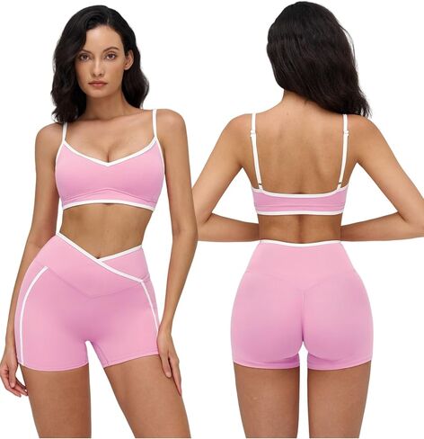 Women 2 Piece Workout Sets Backless Color Block Sports Bra High Waist Tummy Control Active Shorts Yoga Pilates Outfits in Saudi Arabia