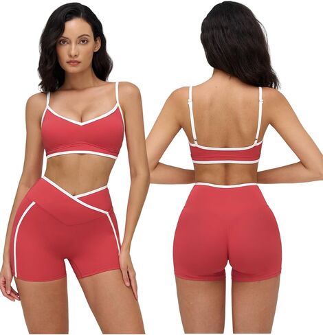 Women 2 Piece Workout Sets Backless Color Block Sports Bra High Waist Tummy Control Active Shorts Yoga Pilates Outfits in Saudi Arabia