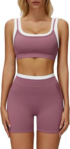 Women 2 Piece Workout Sets Padded Color Block Sports Bras High Waist Tummy Control Shorts Yoga Outfits in Saudi Arabia
