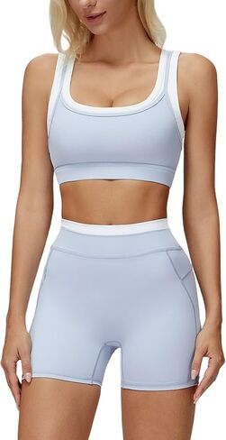 Women 2 Piece Workout Sets Padded Color Block Sports Bras High Waist Tummy Control Shorts Yoga Outfits in Saudi Arabia