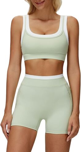 Women 2 Piece Workout Sets Padded Color Block Sports Bras High Waist Tummy Control Shorts Yoga Outfits in Saudi Arabia