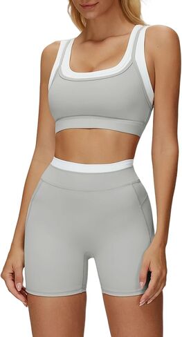 Women 2 Piece Workout Sets Padded Color Block Sports Bras High Waist Tummy Control Shorts Yoga Outfits in Saudi Arabia