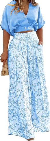 Spring Summer 2 Piece Sets for Women Casual Short Sleeve V Neck Tops Wide Leg Pants Matching Set Business Suits in Saudi Arabia