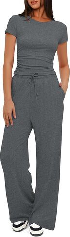 Nimsruc Women's 2 Piece Lounge Sets For Women Summer 2025 Ruched Short Sleeve Tops Wide Leg Pant Sets Tracksuit in Saudi Arabia