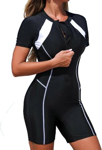 Women One Piece Rash Guard Short Sleeve Swimwear UV UPF 50+ Bathing Suit Colorblock Swim Shirt with Boyshort Bottom in Saudi Arabia
