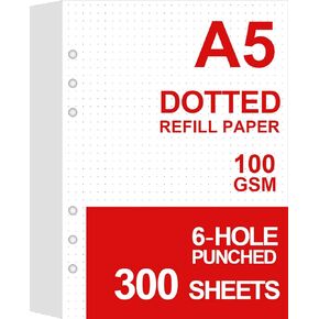 A5 Dotted Paper Refills for A5 Filofax Planner/Binders/Organizer, 6-Hole Punched, 100 Sheets/200 Pages Filler Paper, 100gsm, 5.8'' x 8.2''