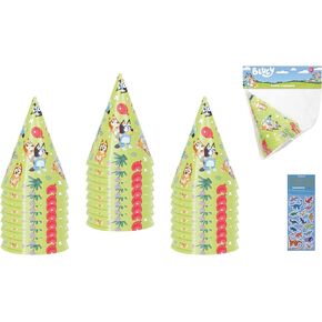 Unique Bluey Birthday Party Supplies Bundle includes 24 Party Hats and 1 Dinosaur Sticker Sheet