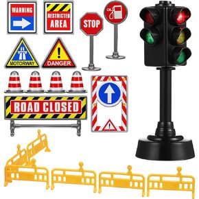TOYANDONA 1 Set Traffic Light Toy, Traffic Signal Light Toy Traffic Light Lamp with Traffic Road Signs Toys Mini Traffic Cones Roadblocks Toys for Kids Street Signs Playset