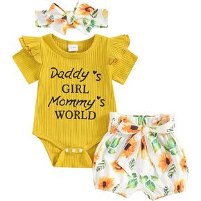 Amnnchya Newborn Baby Girl Clothes Daddys Girl Mommys World Short Sleeve Ribbed Romper Floral Shorts Set Summer Clothes