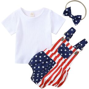الوليد طفلة 4th من يوليو الزي مضلع قصيرة الأكمام قميص أعلى + الولايات المتحدة الأمريكية العلم ستار شريط الحمالات السراويل عقال in Kuwait