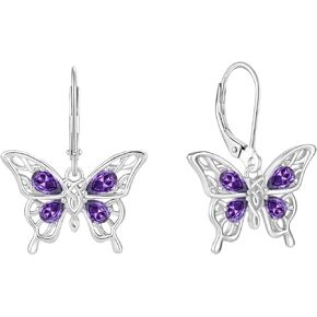 Guesma Butterfly Earrings for Women - 925 Sterling Silver Dangle Leverback Earrings Teardrop Birthstone Drop Earrings - Jewelry Gifts for Her