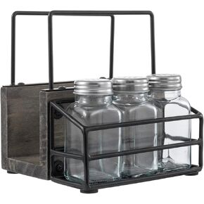 MyGift 4 Piece Set Vintage Gray Solid Wood and Industrial Black Metal Wire Napkin Holder and Spice Rack with 3 Glass Shakers for Salt, Pepper, or Seasonings